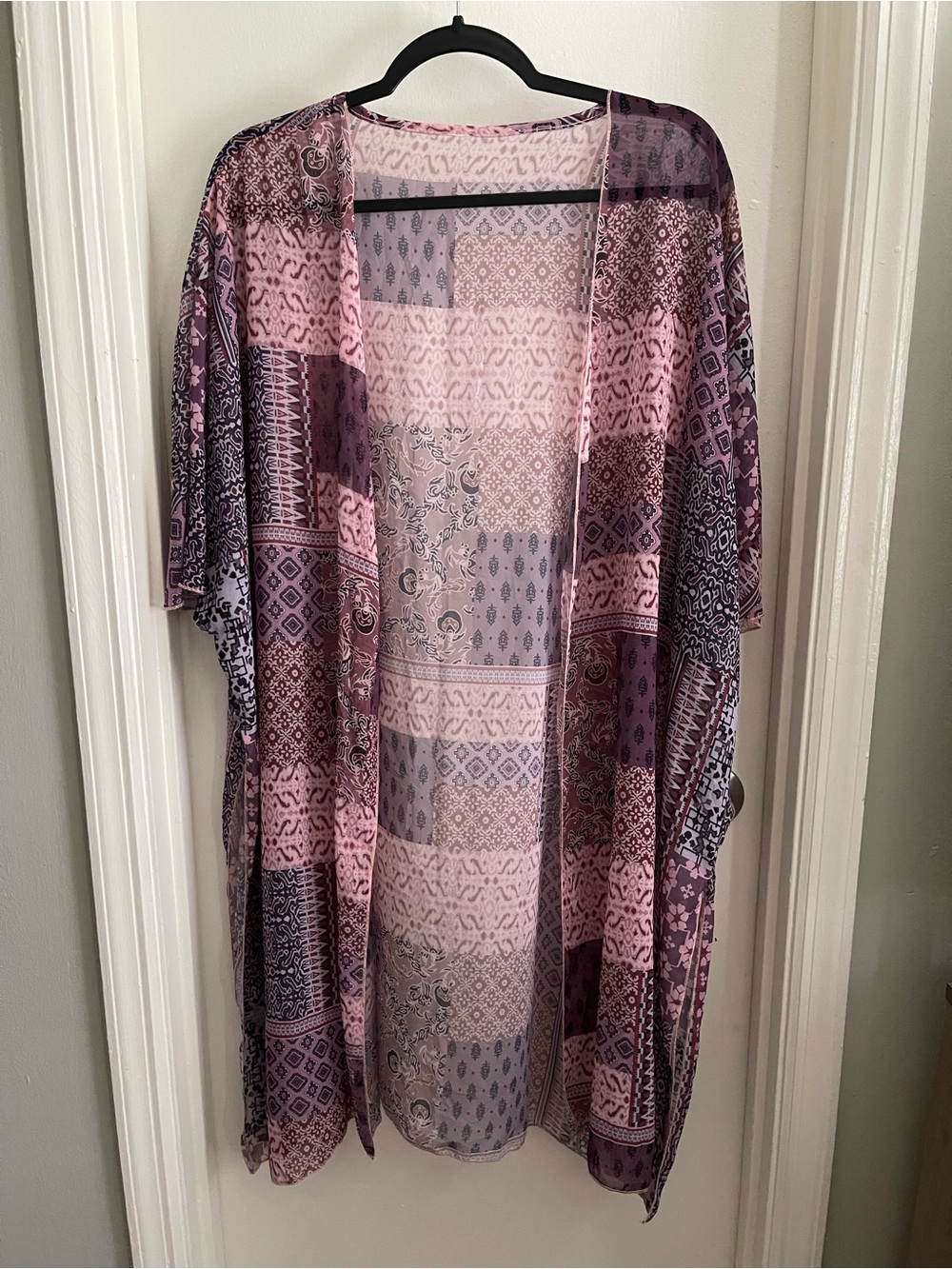 Sheer Patchwork Kimono Robe in Pink and Purple